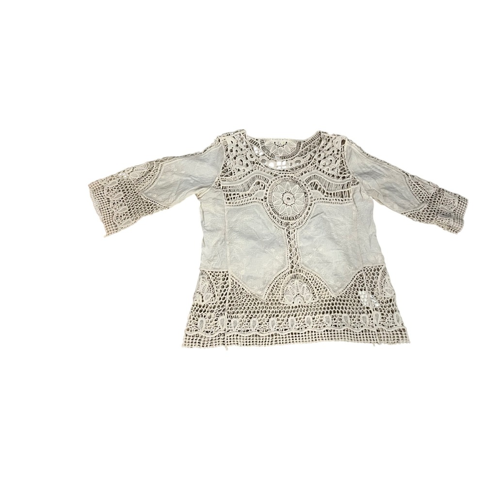 Hint of Mint Ivory Crochet Lace Embroidered Boho Top 3/4 Sleeve Size M